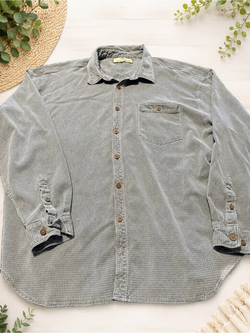 Vintage Tommy Bahama Gray Textured Button-Up Shirt Men’s L Long Sleeve Y2K